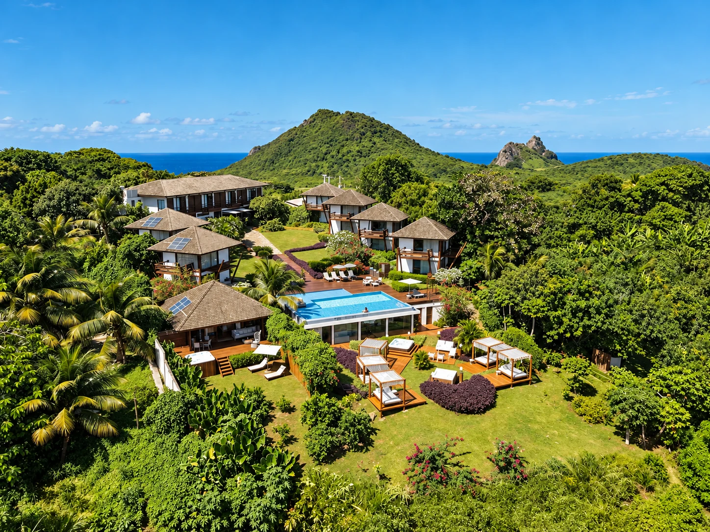 Aerial view of Pousada Morena with gardens and swimming pool